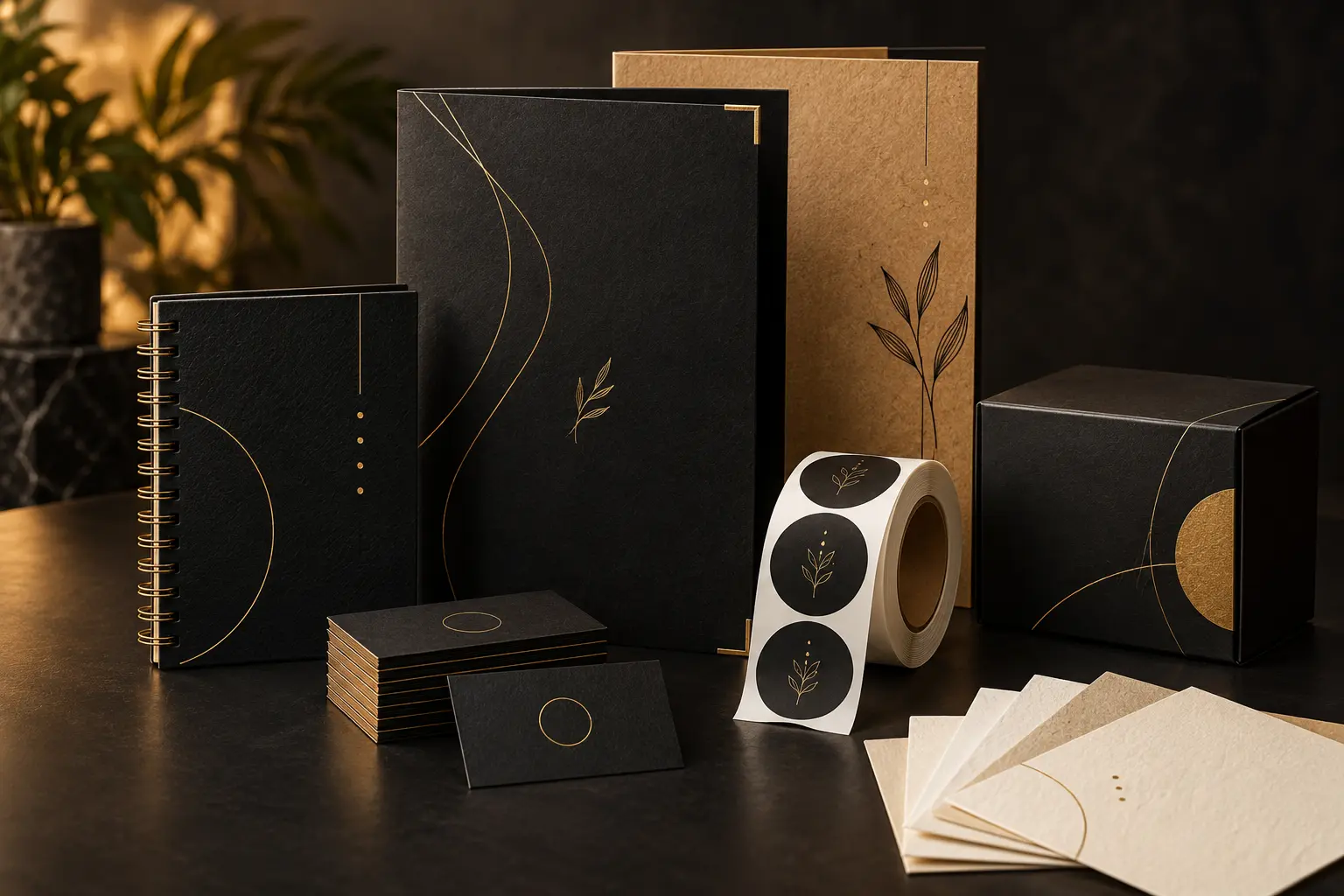 Materiais gráficos em preto, dourado e papel kraft